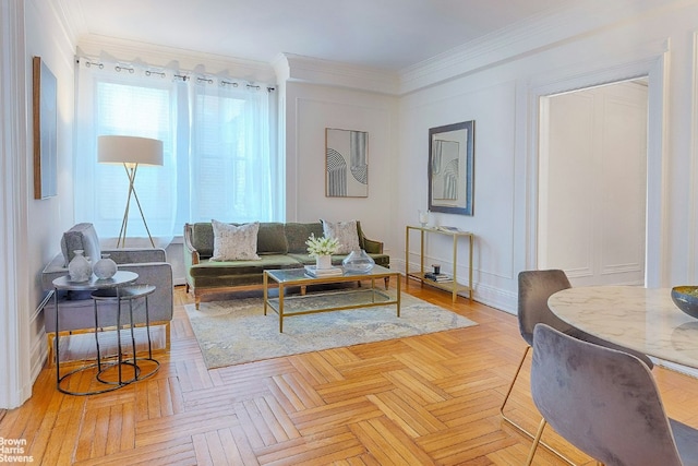 living room featuring light parquet flooring and crown molding