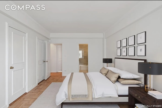 45 Sutton Pl S Unit 15G, New York City, NY 10022 - bedroom featuring ornamental molding and ensuite bath