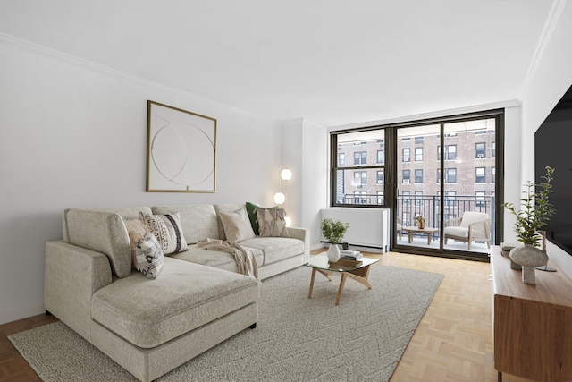 living room with expansive windows, baseboards, and ornamental molding