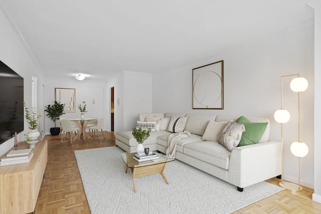 living room featuring crown molding and light parquet floors