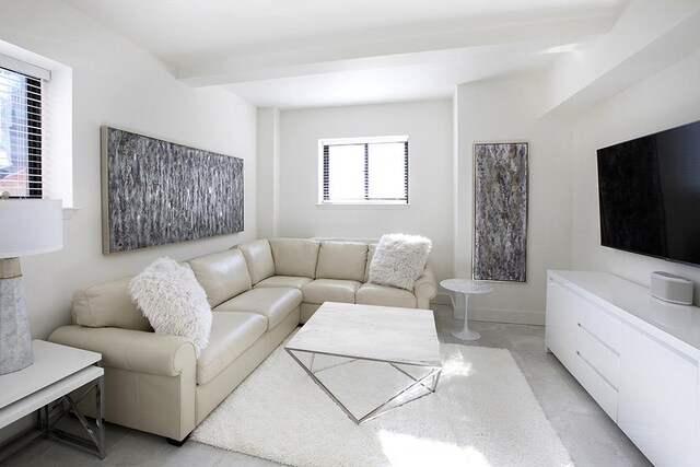 living room with beam ceiling