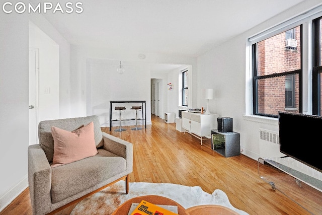 living room featuring hardwood / wood-style floors and radiator heating unit