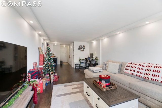 living room with dark wood-type flooring