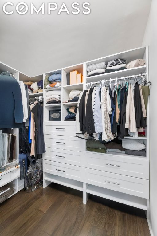 spacious closet with dark hardwood / wood-style flooring