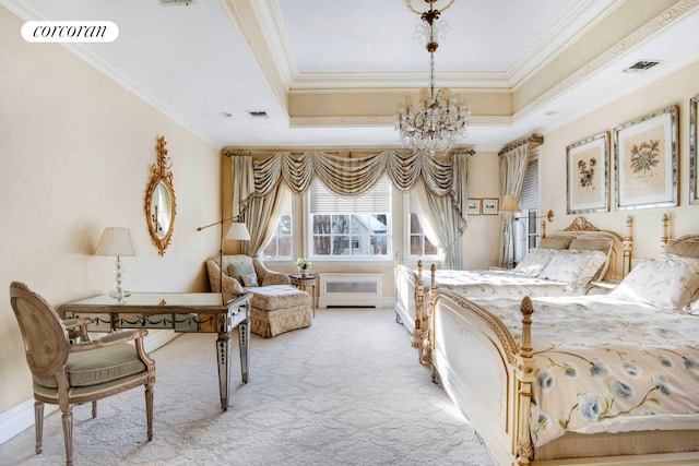 carpeted bedroom featuring a chandelier, a tray ceiling, and visible vents