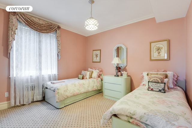 bedroom with light carpet, crown molding, and visible vents