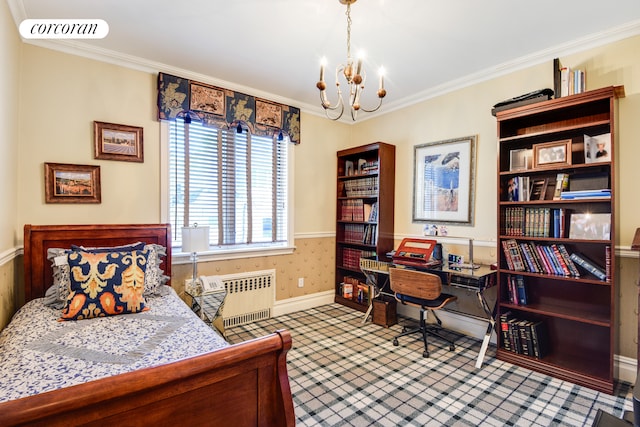 bedroom featuring crown molding, a chandelier, visible vents, and radiator