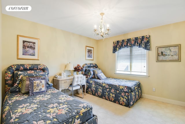 carpeted bedroom featuring a notable chandelier, visible vents, and baseboards