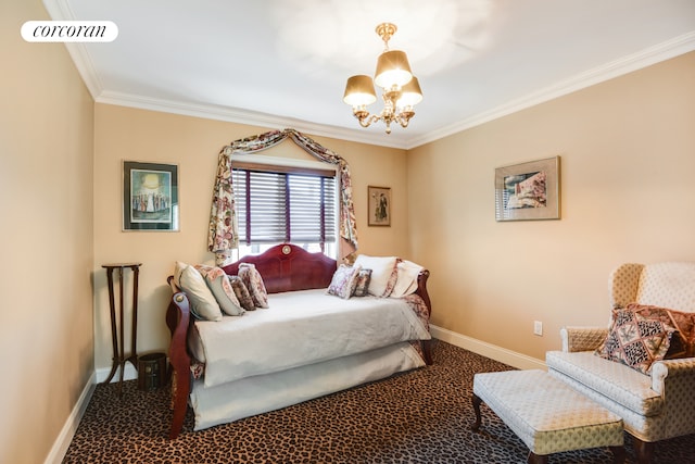 carpeted bedroom featuring a chandelier, ornamental molding, visible vents, and baseboards