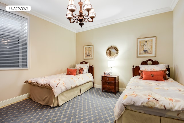 bedroom featuring baseboards, visible vents, ornamental molding, carpet, and a notable chandelier