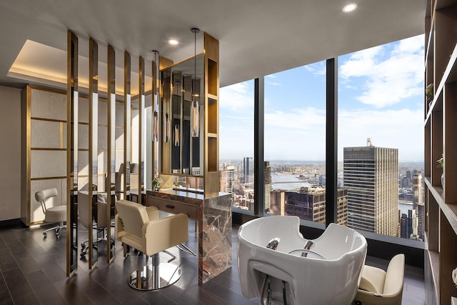 125 Greenwich St Unit 38B, New York City, NY 10006 - dining space featuring a city view, a wall of windows, and recessed lighting