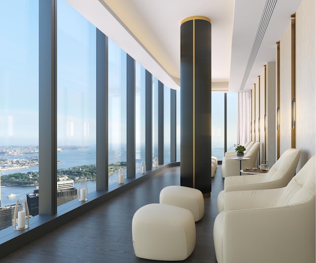 125 Greenwich St Unit 38B, New York City, NY 10006 - common area with floor to ceiling windows and a water view