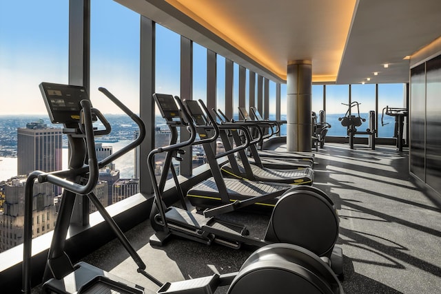 125 Greenwich St Unit 38B, New York City, NY 10006 - exercise room with a wall of windows, healthy amount of natural light, and a water view