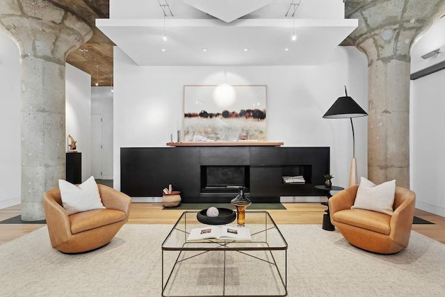 living room featuring hardwood / wood-style floors and ornate columns