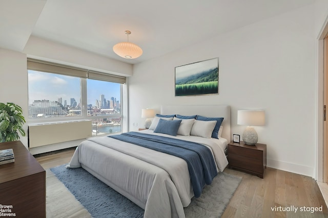 446 Kent Ave Phd, Phd, New York City, NY 11211 - bedroom featuring a view of skyline, baseboards, and light wood-style flooring