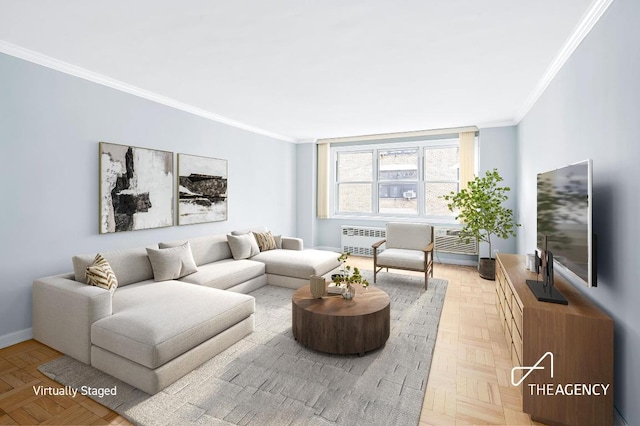 living room with light parquet floors and crown molding