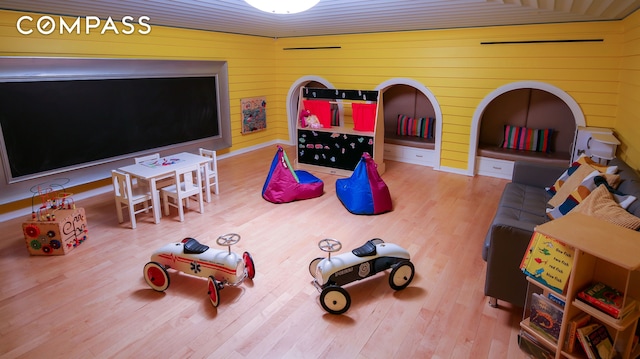 playroom featuring wood finished floors and wood walls