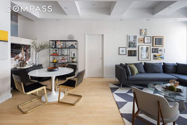 living room featuring a raised ceiling and light wood-type flooring