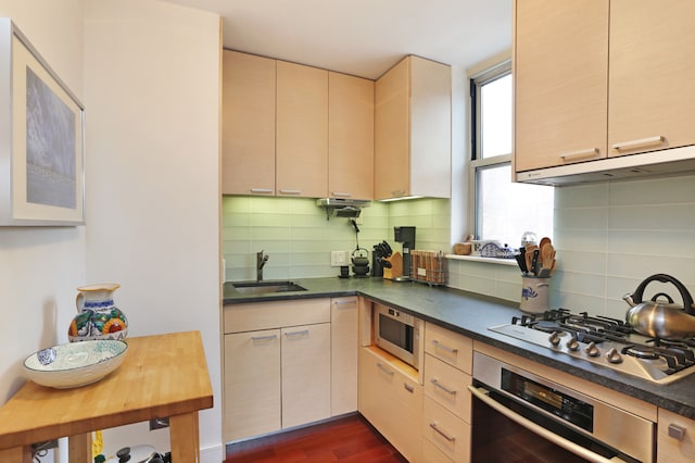 kitchen with stainless steel appliances, decorative backsplash, a sink, and under cabinet range hood