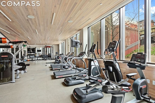 workout area with wooden ceiling