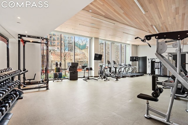 gym featuring expansive windows and wooden ceiling