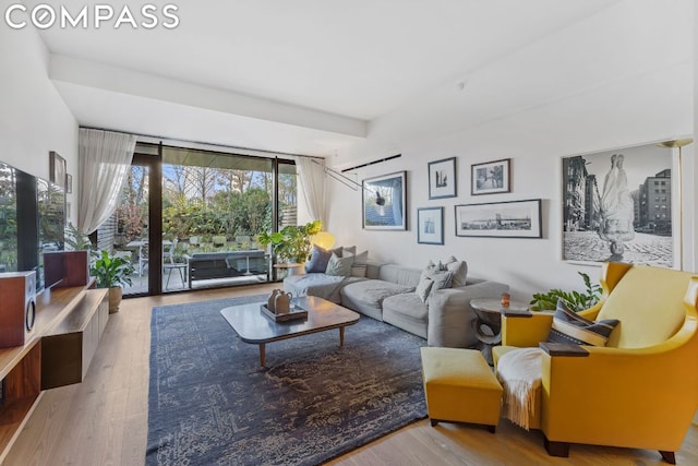 living room with expansive windows and light wood-type flooring