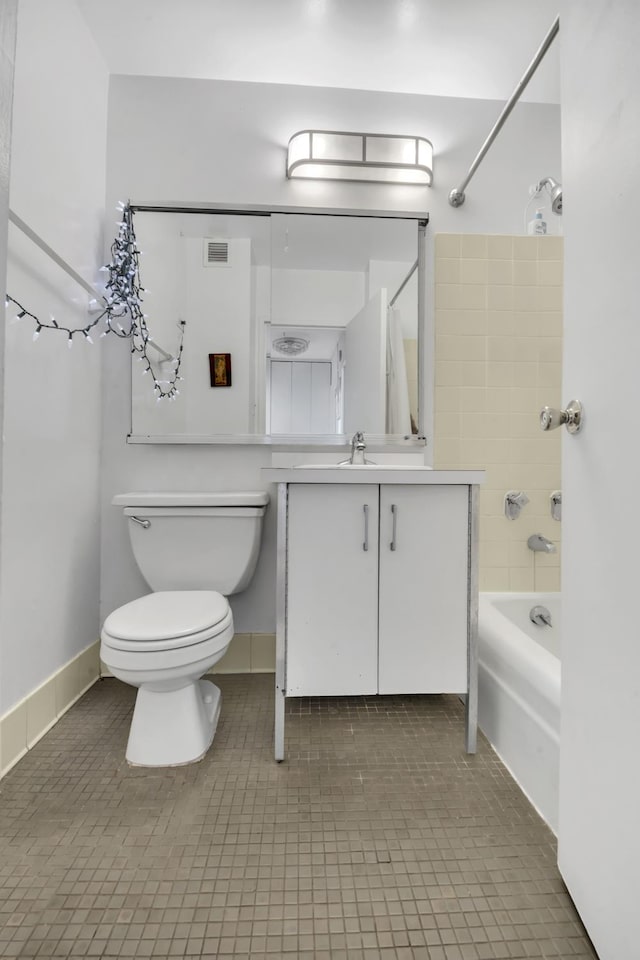 bathroom with tile patterned flooring, vanity, toilet, tub / shower combination, and visible vents