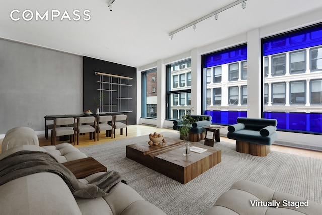 living room featuring wood finished floors and track lighting