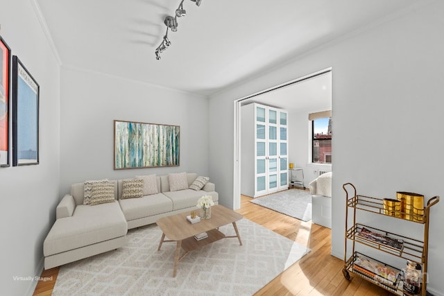 living room featuring ornamental molding, track lighting, and wood-type flooring