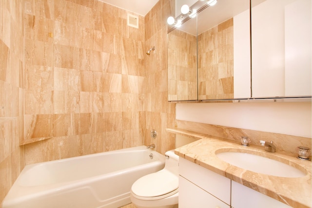 full bathroom with toilet, visible vents, vanity, and bathing tub / shower combination