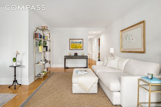 living room with parquet floors