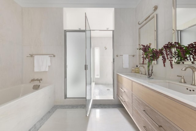 bathroom featuring tile patterned floors, vanity, and plus walk in shower