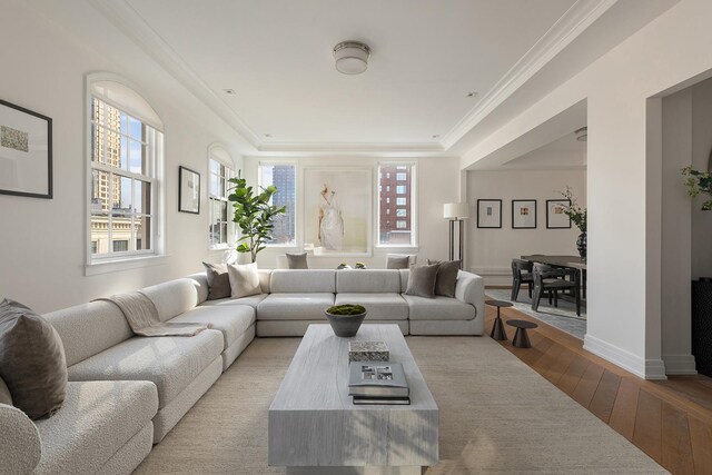 living room featuring wood-type flooring, a tray ceiling, and ornamental molding