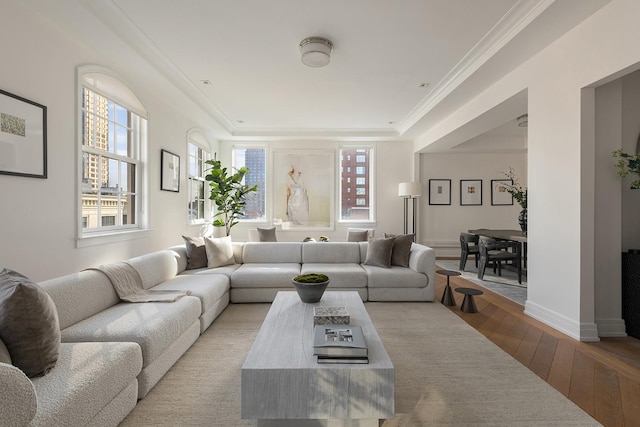 320 E 82nd Street Penthouse, New York City, NY 10028 - living area with wood-type flooring, ornamental molding, a raised ceiling, and baseboards