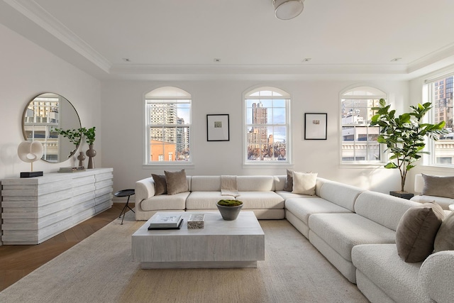 320 E 82nd Street Penthouse, New York City, NY 10028 - living area with a tray ceiling, light wood-style floors, and ornamental molding