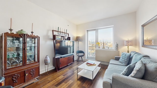 living room with dark hardwood / wood-style flooring