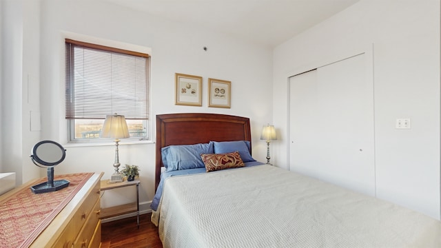 bedroom featuring dark wood-type flooring and a closet