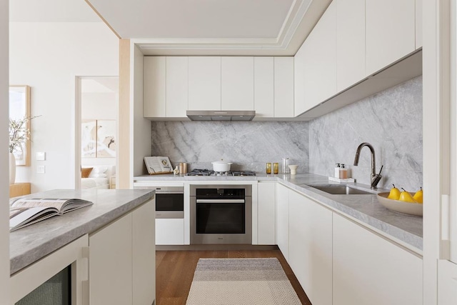 kitchen with wood-type flooring, sink, white cabinetry, stainless steel appliances, and decorative backsplash