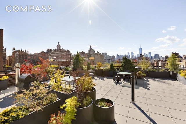 view of patio / terrace featuring a city view, a vegetable garden, and a grill