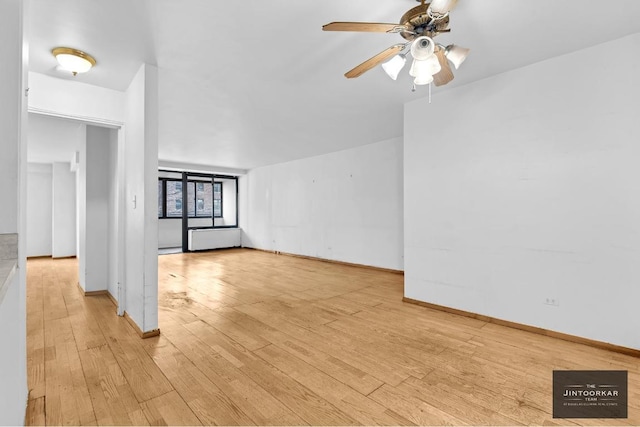 unfurnished living room featuring ceiling fan and light hardwood / wood-style floors