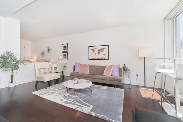 living room with dark hardwood / wood-style flooring