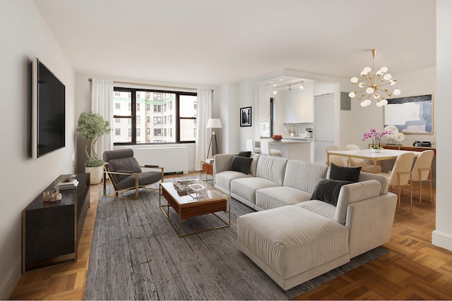 living room featuring an inviting chandelier