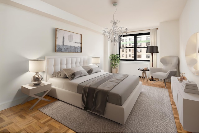 bedroom with baseboards and an inviting chandelier