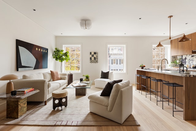 living room featuring sink and light wood-type flooring