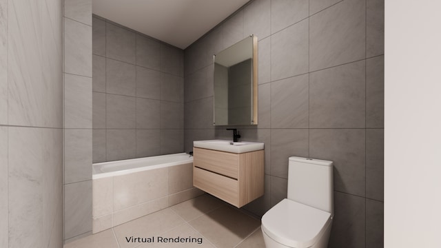 bathroom featuring tile patterned floors, tile walls, toilet, and vanity