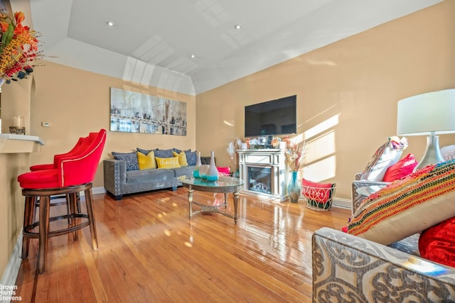 living room featuring wood-type flooring and a tray ceiling