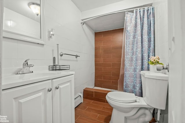 bathroom with a baseboard heating unit, a shower with curtain, toilet, and backsplash