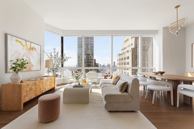 interior space featuring a view of city and wood finished floors