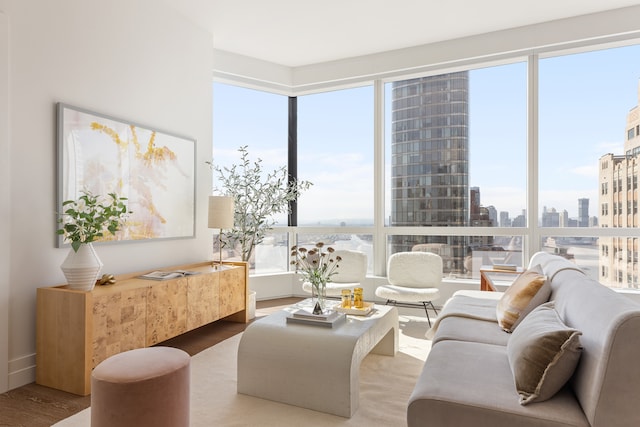 interior space with a view of city and wood finished floors