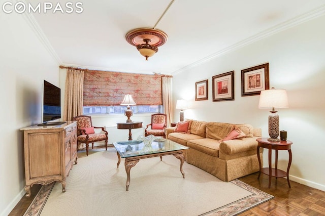 living room with crown molding and dark parquet flooring